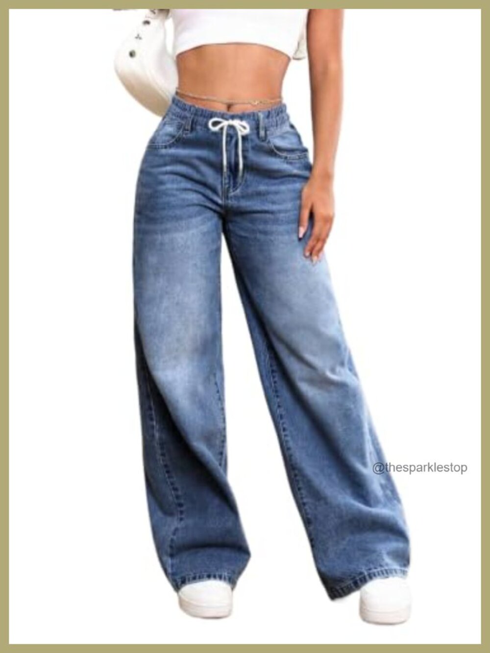 Wide Leg Jeans Mid Rise Elastic Waist Drawstring Pants Loose Fit